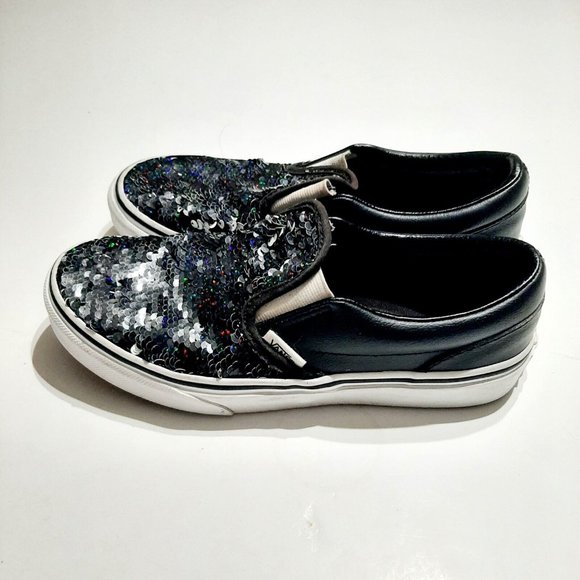 VANS OFF THE WALL Black & White SPARKLE Childrens Size 4 Girls Comfy Gym Shoes - Picture 4 of 5